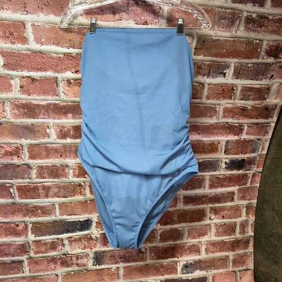 Shade & ShoreβBlue One-Piece Swimsuit XL Ribbed Shirred Bandeau Sleeveless - Picture 1 of 5